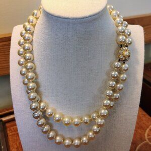 Vtg Glass Pearl Choker Necklace Knotted 15” Gold Tone Flower Clasp Rhinestones